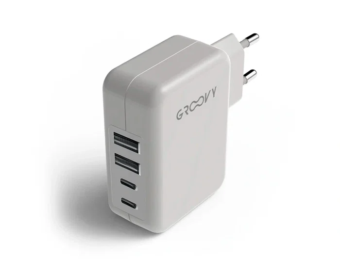 Groovy Cargador de Pared 2 USB + 2 USB-C 4.8A, Carga Rápida para Múltiples Dispositivos, Color Blanco Groovy Cargador de Pared 2 USB + 2 USB-C 4.8A, Carga Rápida para Múltiples Dispositivos, Color Blanco