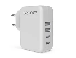 Groovy Cargador de Pared 2 USB + 2 USB-C 4.8A, Carga Rápida para Múltiples Dispositivos, Color Blanco