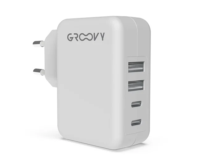 Groovy Cargador de Pared 2 USB + 2 USB-C 4.8A, Carga Rápida para Múltiples Dispositivos, Color Blanco Groovy Cargador de Pared 2 USB + 2 USB-C 4.8A, Carga Rápida para Múltiples Dispositivos, Color Blanco