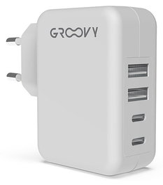 Groovy Cargador de Pared 2 USB + 2 USB-C 4.8A, Carga Rápida para Múltiples Dispositivos, Color Blanco