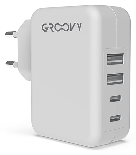 Groovy Cargador de Pared 2 USB + 2 USB-C 4.8A, Carga Rápida para Múltiples Dispositivos, Color Blanco Groovy Cargador de Pared 2 USB + 2 USB-C 4.8A, Carga Rápida para Múltiples Dispositivos, Color Blanco