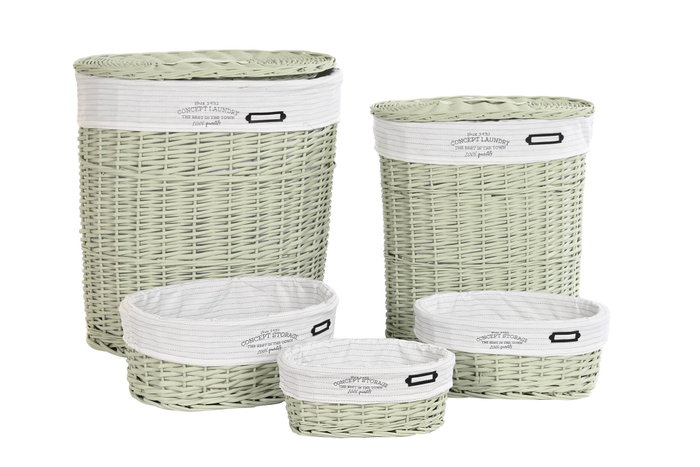 DKD Home Decor Set de 5 Cestos para la Ropa de Mimbre y Poliéster Verde