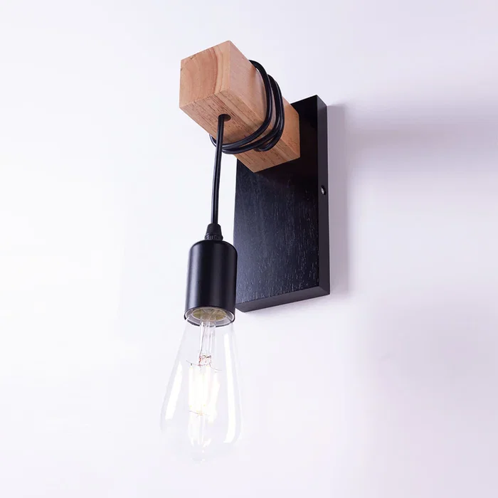 Aplique de Pared Elle SKD-W6000 Negro y Madera. Moderno, Vintage, Luz Lectura