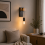 Aplique de pared Elle negro y madera con cable colgante SKD-W6000
