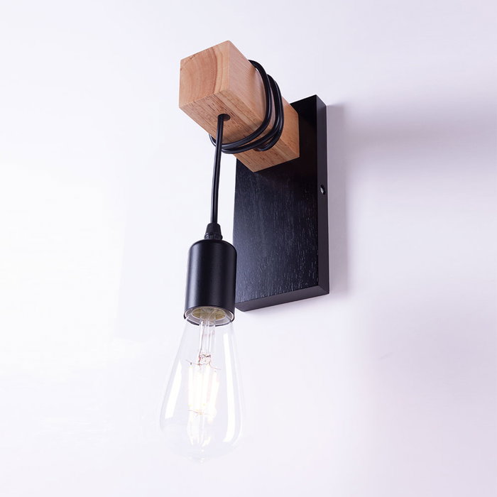Aplique de pared Elle negro y madera con cable colgante SKD-W6000