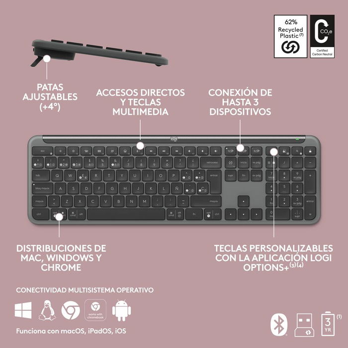Logitech K950 Teclado Inalámbrico Bluetooth Completo para Windows, macOS, Chrome - Logi Bolt, 36 Meses Batería, Negro