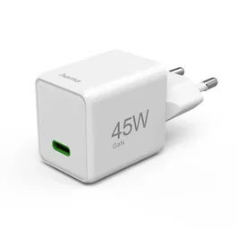 HAMA 00201983 Cargador Rápido GaN 45W USB-C, Compatible Power Delivery y Quick Charge 3.0, Para Smartphone, Tablet y Portátil, Ultracompacto, Blanco, Enchufe Europeo