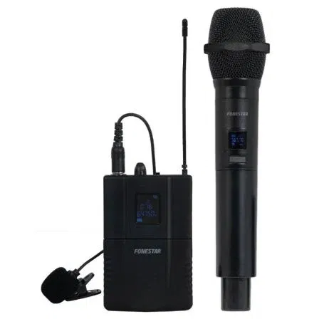Fonestar - Micrófono Inalámbrico UHF Doble Sistema con Receptor, Micrófono de Mano Dinámico y Micrófono de Solapa/Lavaliere para Presentaciones, Conferencias y Eventos