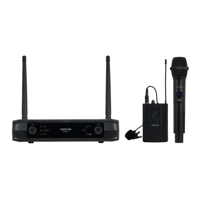 Fonestar Sonair Pack de Micrófono Inalámbrico UHF Doble con Micrófono de Mano y de Petaca, 2mp, Frecuencias Fijas, Alcance >30m, Compatible con Micrófonos Cabeza/Corbata Fonestar Sonair Pack de Micrófono Inalámbrico UHF Doble con Micrófono de Mano y de Petaca, 2mp, Frecuencias Fijas, Alcance >30m, Compatible con Micrófonos Cabeza/Corbata