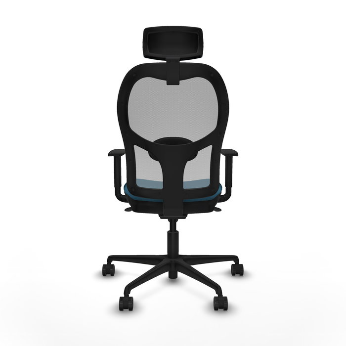 Silla de oficina Jorquera con mecanismo Sincro tapizada con Tela color Verde petróleo y malla color Gris. Equipada con lumbar 1D, Brazos 1D, Cabecero 2D y Ruedas 65mm nailon