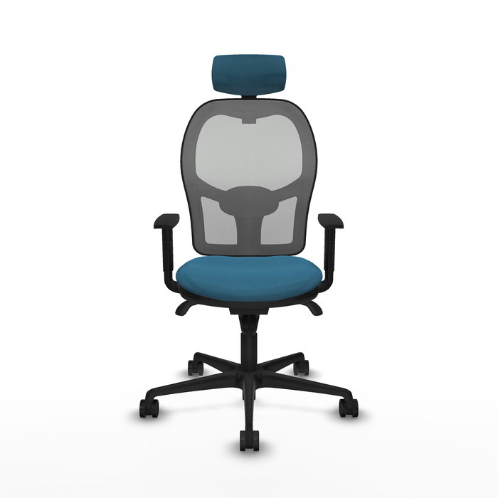 Silla de oficina Jorquera con mecanismo Sincro tapizada con Tela color Verde petróleo y malla color Gris. Equipada con lumbar 1D, Brazos 1D, Cabecero 2D y Ruedas 65mm nailon