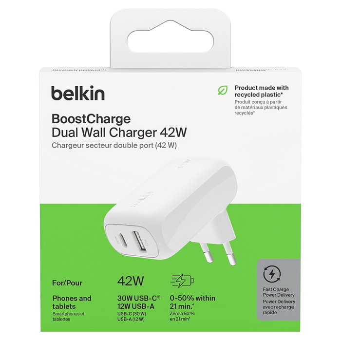Belkin Boost Charge 42W Cargador de Pared Dual USB-C y USB-A Blanco Belkin Boost Charge 42W Cargador de Pared Dual USB-C y USB-A Blanco