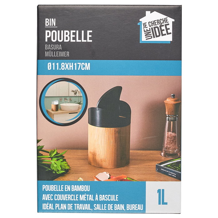 Je cherche une Idee Cubo de Mesa 1L Metal/Bambú para Cocina, Escritorio o Baño. Medidas: d.11,8 cm; h.17 cm