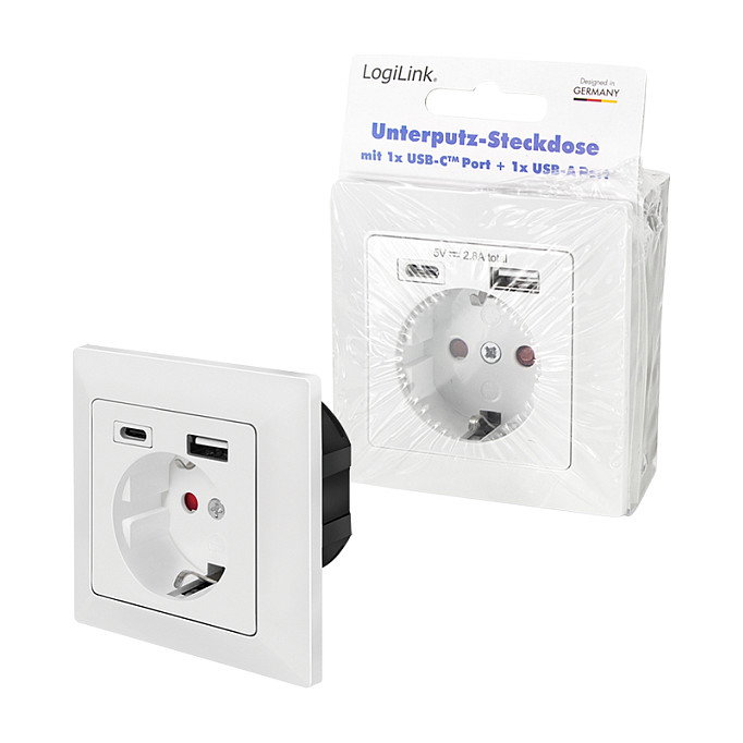 LogiLink Toma de corriente empotrada con 1x CEE 7/3, 1x USB-A y 1x USB-C