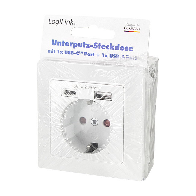 LogiLink Toma de corriente empotrada con 1x CEE 7/3, 1x USB-A y 1x USB-C