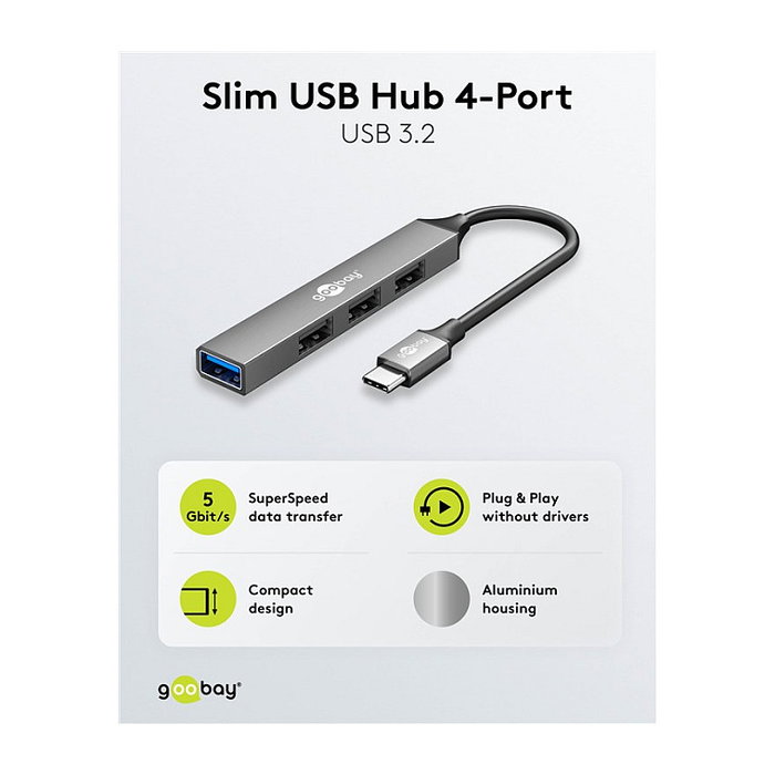 Goobay Slim 4-Port USB-Hub USB-C a USB-A 5 Gbit/s Gris claro