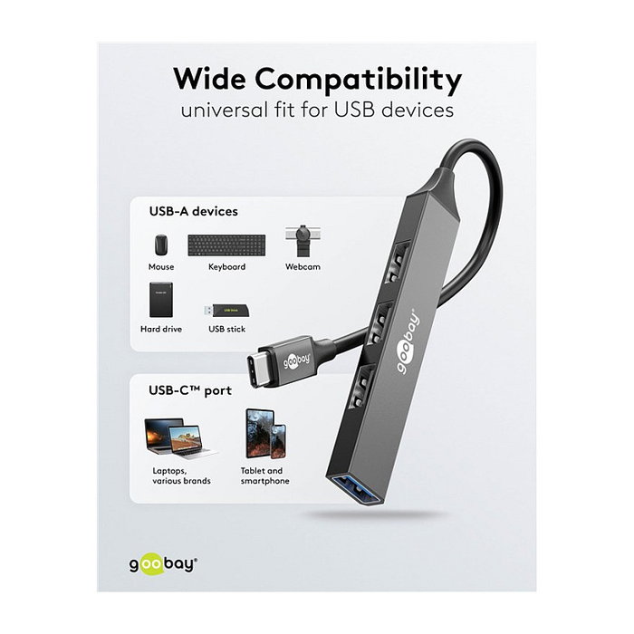 Goobay Slim 4-Port USB-Hub USB-C a USB-A 5 Gbit/s Gris claro