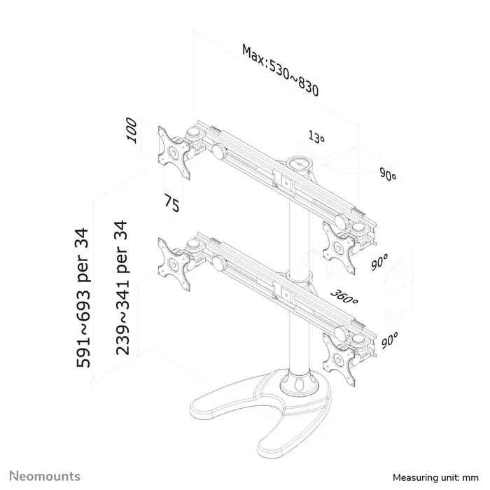 Neomounts FPMA-D700DD4 Soporte de Escritorio para 4 Monitores hasta 30'' (76 cm), Ajustable en Altura, Inclinación y Rotación, Compatible con VESA 75x75 y 100x100, Negro