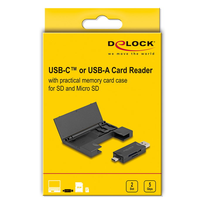 DeLOCK 91014 Lector de tarjetas USB 5 Gbps con interfaz Type-C/Type-A y estuche para tarjetas
