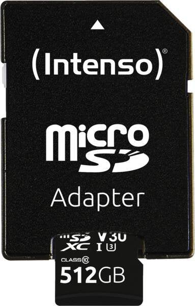 Intenso 3433493 Tarjeta MicroSDXC 512 GB Clase 10 UHS-I U3 V30 100 MB/s con Adaptador SD