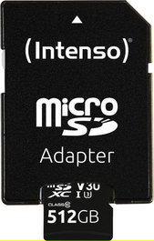Intenso 3433493 Tarjeta MicroSDXC 512 GB Clase 10 UHS-I U3 V30 100 MB/s con Adaptador SD