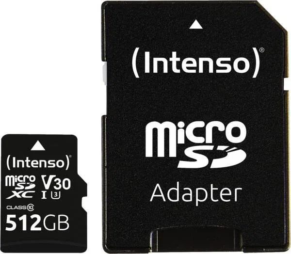 Intenso 3433493 Tarjeta MicroSDXC 512 GB Clase 10 UHS-I U3 V30 100 MB/s con Adaptador SD
