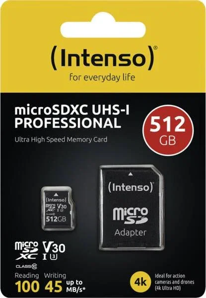 Intenso 3433493 Tarjeta MicroSDXC 512 GB Clase 10 UHS-I U3 V30 100 MB/s con Adaptador SD