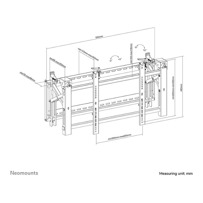 Newstar LED-VW2000BLACK Soporte de pared videowall para monitores planos de 32 a 75 pulgadas (81 a 191 cm) - Hasta 70 kg, inclinación 0-12°, color negro