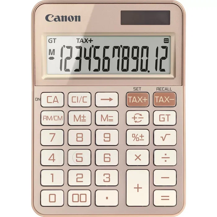Canon KS-125KB Calculadora de Escritorio Básica con Pantalla de 12 Dígitos LCD, Función de Impuestos, Alimentación Batería/Solar y Color Oro Rosa