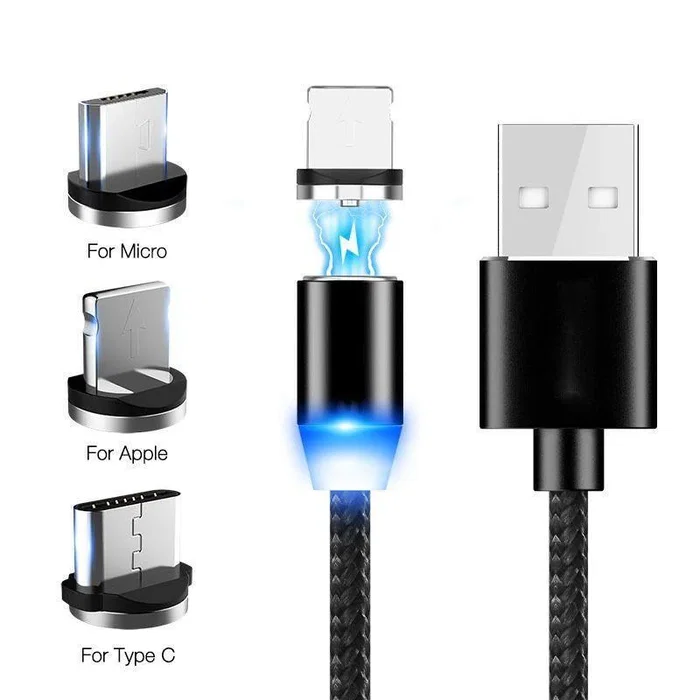 Genérico - Cable de Carga Magnético USB 3 en 1 para Micro USB, USB-C y Lightning - 1 Metro - Alambre Trenzado Nylon - 5V/2.4A - Cabezal Rotatorio 360°