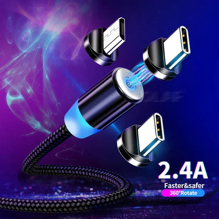 Genérico - Cable de Carga Magnético USB 3 en 1 para Micro USB, USB-C y Lightning - 1 Metro - Alambre Trenzado Nylon - 5V/2.4A - Cabezal Rotatorio 360°