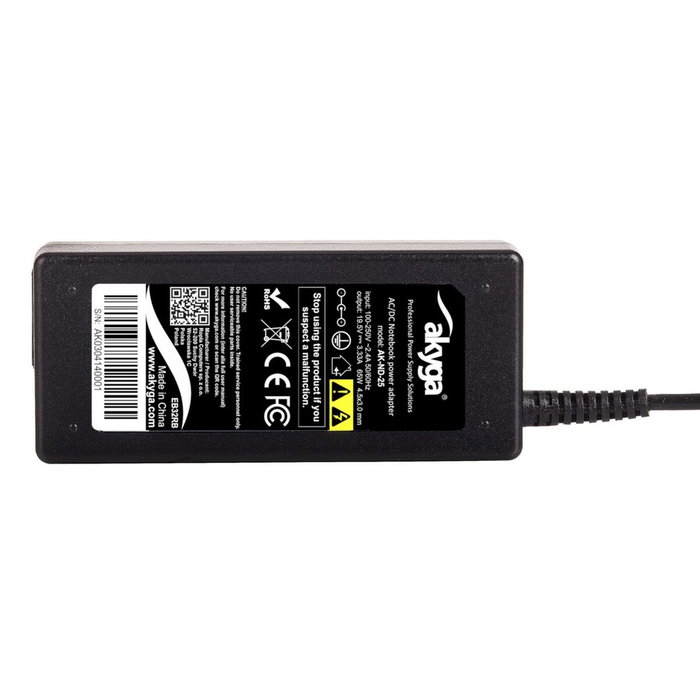 Akyga cargador para portatil ak-nd-25 19.5v/3.33a 65w 4.5x3.0 mm + pin hp