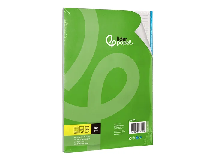 Liderpapel Recambio A4 120 Hojas 80gr Cuadro 5mm Sin Margen 4 Taladros Bandas de 5 Colores