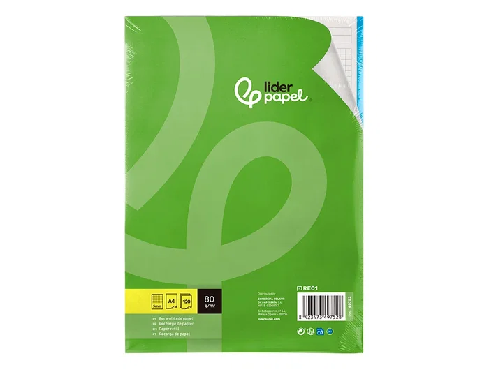Liderpapel Recambio A4 120 Hojas 80gr Cuadro 5mm Sin Margen 4 Taladros Bandas de 5 Colores