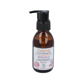 FLORAME Aceite De Masaje Sensual 120ml con Ylang-Ylang y Pachulí - Aceites Vegetales de Albaricoque, Jojoba y Almendra - Certificado ECOCERT - Aroma Sensual y Amaderado