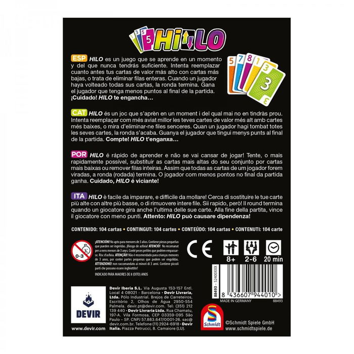 Devir Juego HILO - Juego de Mesa de Cartas para 2 a 6 Jugadores (a partir de 8 años) | Partidas 20 Min | Incluye: Castellano, Catalán, Portugués, Italiano
