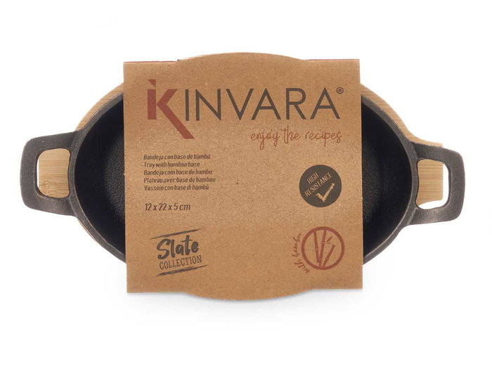 Kinvara Bandeja para Horno Oval, Hierro Forjado con Asas de Bambú, Gris y Madera, Apta para Horno hasta 260°C, 22.5 x 12.5 x 4.5 cm (Set de 12)