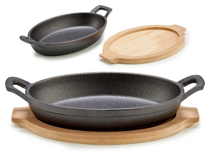 Kinvara Bandeja para Horno Oval, Hierro Forjado con Asas de Bambú, Gris y Madera, Apta para Horno hasta 260°C, 22.5 x 12.5 x 4.5 cm (Set de 12)