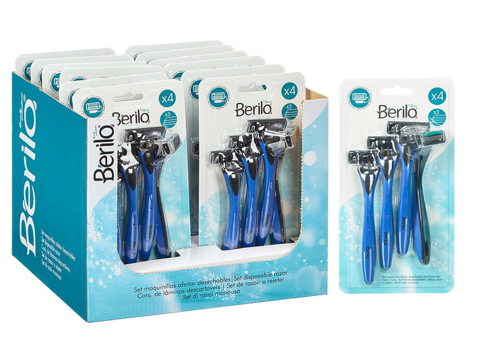 Berilo Set 4 Maquinillas de Afeitar 3 Hojas, Color Azul, Dimensiones 11x21x4 cm (Set de 24) Berilo Set 4 Maquinillas de Afeitar 3 Hojas, Color Azul, Dimensiones 11x21x4 cm (Set de 24)