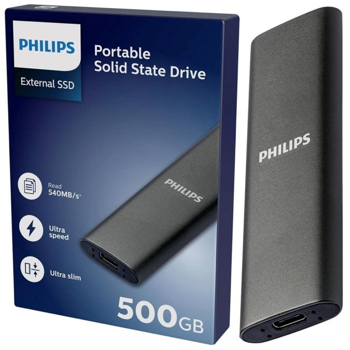 Philips FM50SS031P Disco Duro Externo SSD 500GB Ultra Slim USB-C USB 3.2 Gen 1 Gris - Almacenamiento Portátil, 540MB/s, Resistente