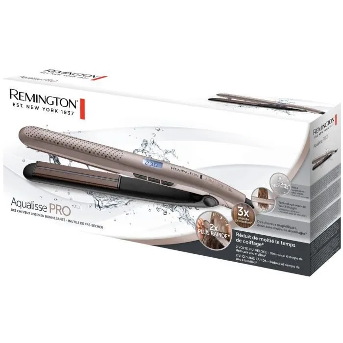 Remington REM5038061112887 Plancha de Pelo Aqualisse PRO, 230°, 10 Temperaturas, Apagado Automático, Bolsa Almacenamiento