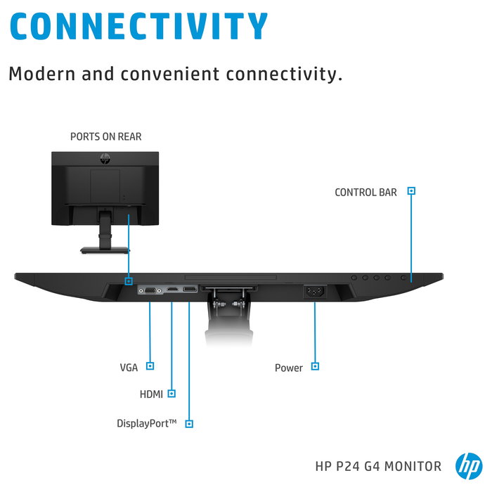 HP Monitor P24 G4 de 60,5 cm (23.8") Full HD 1920x1080 IPS, 75Hz, 5ms, HDMI, DisplayPort, VGA, Montaje VESA, Negocios, Negro