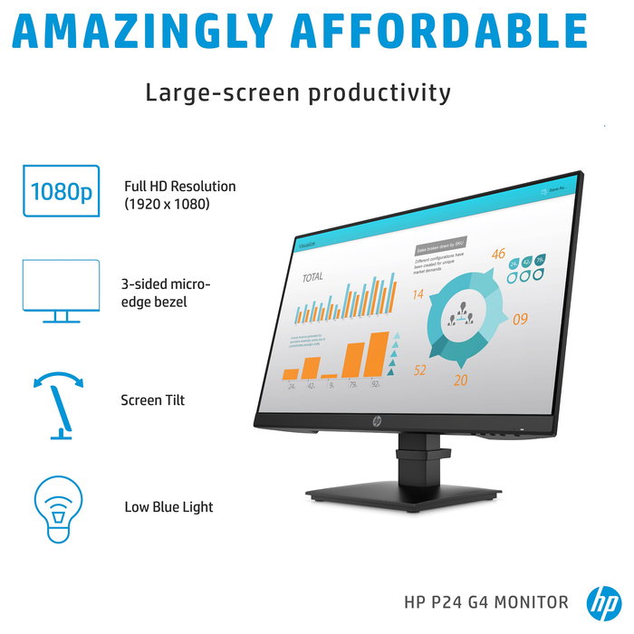 HP Monitor P24 G4 de 60,5 cm (23.8") Full HD 1920x1080 IPS, 75Hz, 5ms, HDMI, DisplayPort, VGA, Montaje VESA, Negocios, Negro