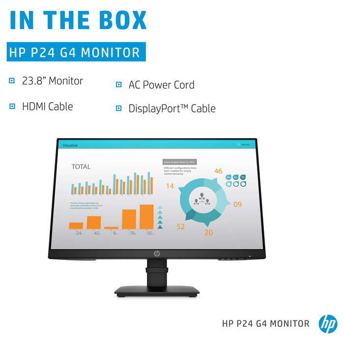 HP Monitor P24 G4 de 60,5 cm (23.8") Full HD 1920x1080 IPS, 75Hz, 5ms, HDMI, DisplayPort, VGA, Montaje VESA, Negocios, Negro