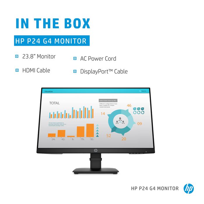 HP Monitor P24 G4 60.5 cm (23.8 pulgadas) Full HD IPS, resolución 1920 x 1080, panel IPS, bisel micro-edge por 3 lados, puertos HDMI/DisplayPort/VGA