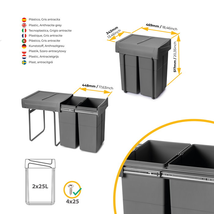 Emuca Contenedor de reciclaje para fijación inferior y extracción manual en mueble de cocina Recycle 2x25litros, Plástico gris antracita