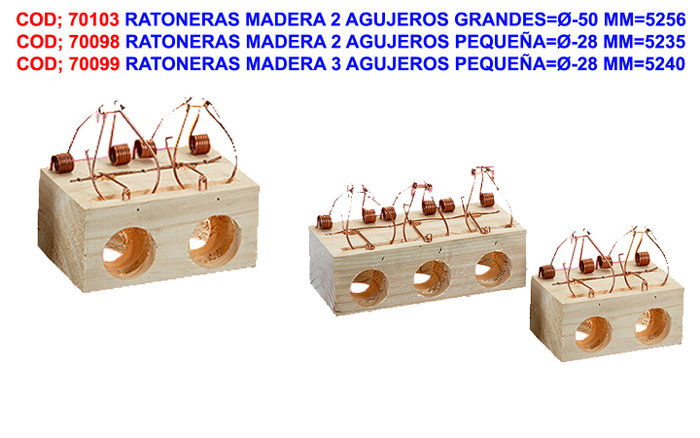 Ratonera de madera con 3 agujeros de 28 mm pequeña Ratonera de madera con 3 agujeros de 28 mm pequeña