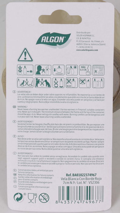 Algon Vela Blanca Con Borde Rojo 7 cm N.9 (36 Unidades)