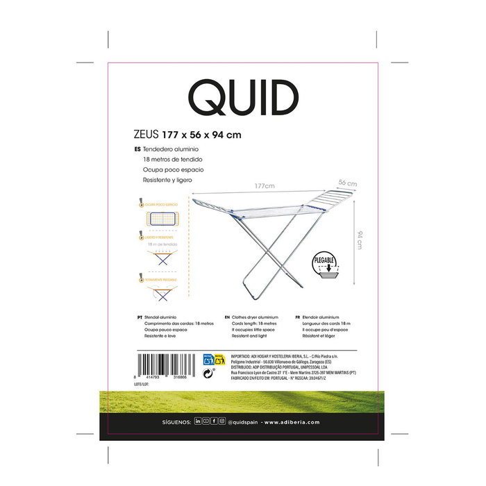 Tendedero Aluminio Zeus Quid 177x56x94 cm - 18M (6 Unidades)
