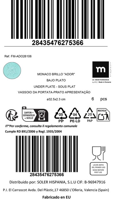 La Mediterranea Bajo Plato Ador Monaco Brillo 32.5cm, 6 unidades